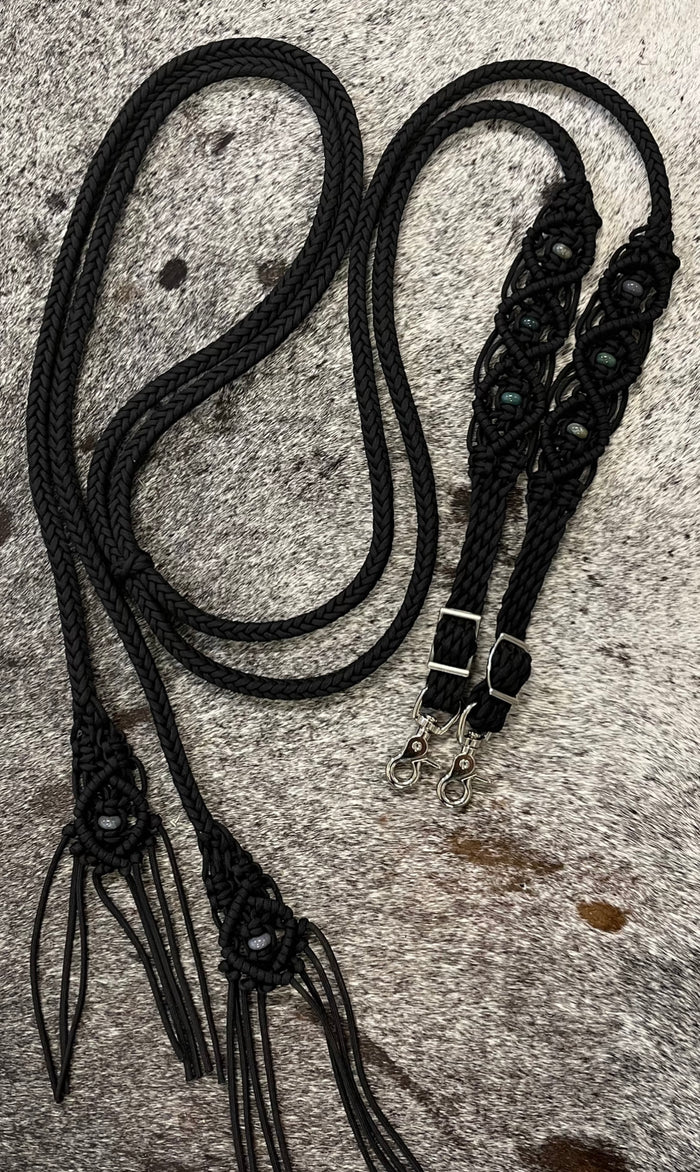 Fancy braided split reins in black with genuine Indian agate gemstones...beautiful yet practical - Tiffanys Braided Tack LLC