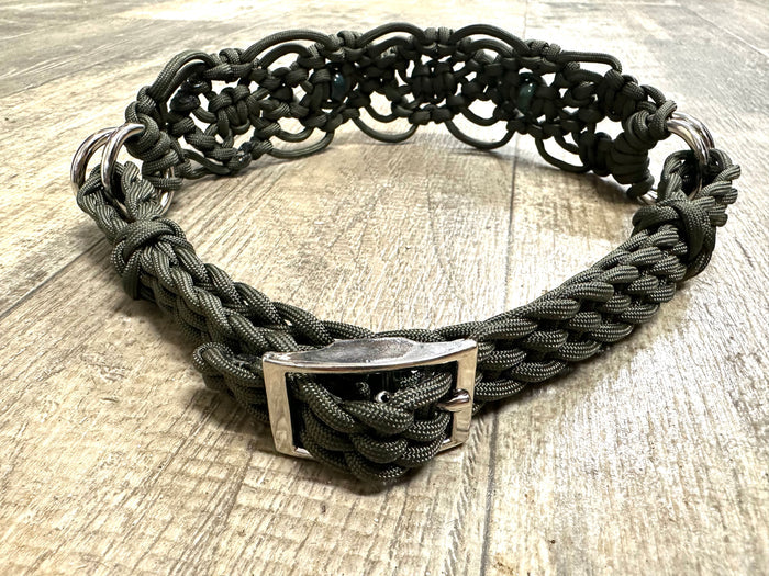 Fancy side pull bitless attachment OD green with Indian agate gemstones.