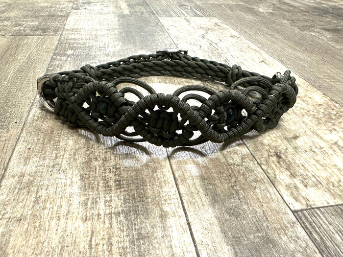Fancy side pull bitless attachment OD green with Indian agate gemstones.