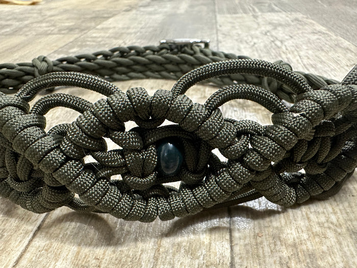 Fancy side pull bitless attachment OD green with Indian agate gemstones.