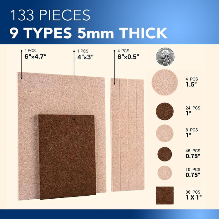 Felt Furniture Pads 133-Piece Set Anti-Scratch Eco-Friendly Brown
