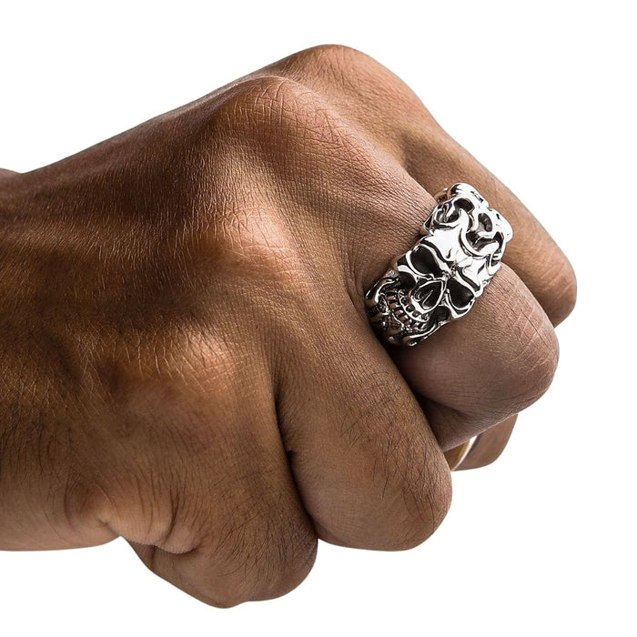 A premium piece of heavy biker jewelry: a tribal skull ring expertly handcrafted from solid sterling silver.