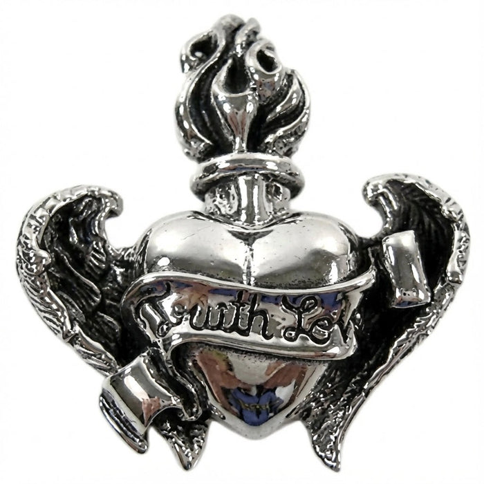 Front view of 925 sterling silver Gothic heart pendant with wings and flame design