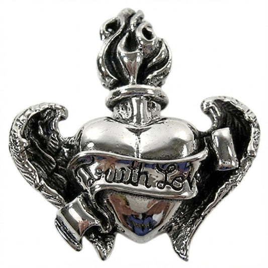 Front view of 925 sterling silver Gothic heart pendant with wings and flame design
