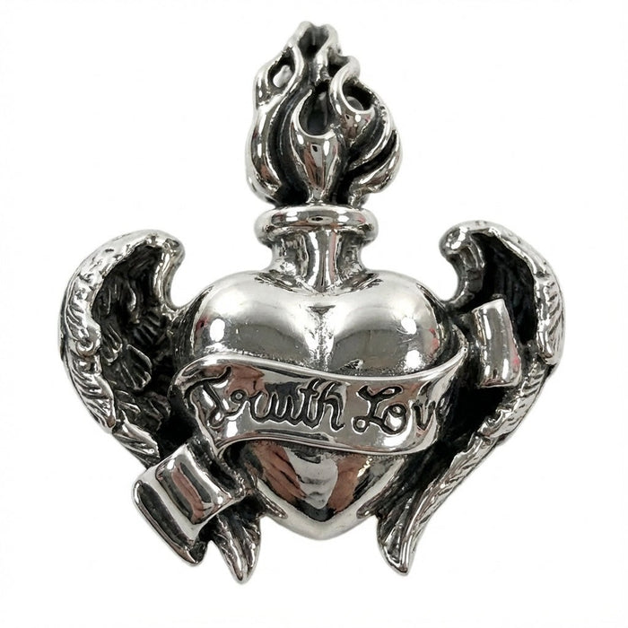 Detailed front view of Gothic winged heart pendant in polished 925 sterling silver