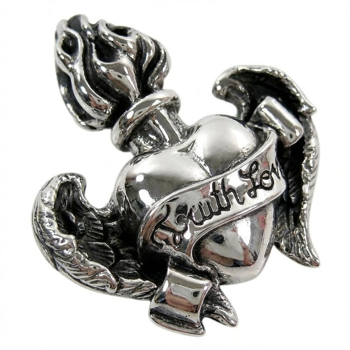 Side angle view showing depth and craftsmanship of sterling silver flaming heart wings pendant
