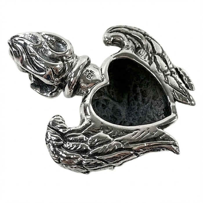 Back view of Gothic heart pendant showing hollow construction and 925 sterling silver hallmark stamp