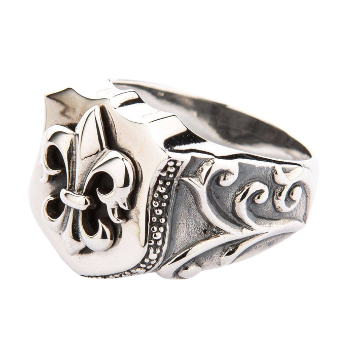 A men's royal knight ring featuring the powerful Fleur-de-lis symbol on a classic shield crest.