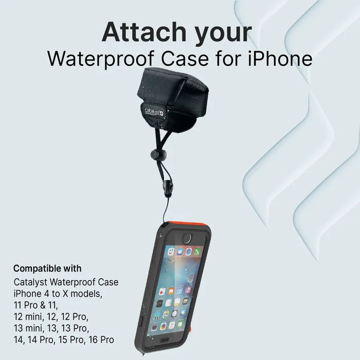 The Catalyst Case US Floating Lanyard - Stealth Black secures your iPhone waterproof case by a strap, with an iPhone screen displayed. Text reads "Attach your Waterproof Case for iPhone." Compatible models are listed below on a light gray background.