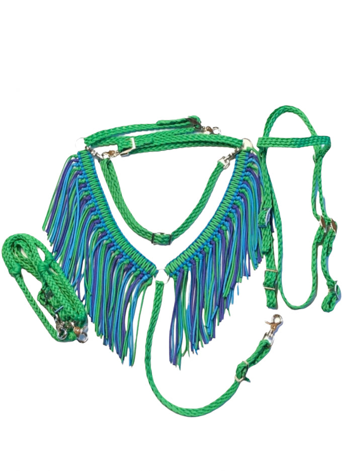 fringe neon green breast collar with a wither strap - Tiffanys Braided Tack LLC