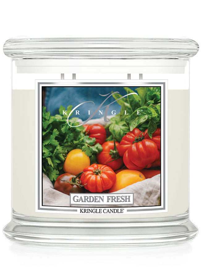 Kringle Candle jar labeled "Garden Fresh" with an image of tomatoes and greens on the front.