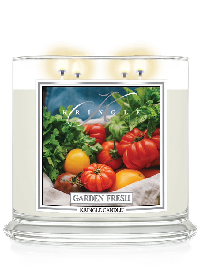 Kringle Candle labeled "Garden Fresh" with an image of fresh tomatoes and greens.