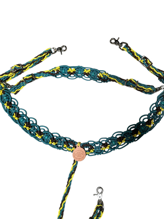 Gemstone fancy macrame  breast collar trap yellow and brown with turquoise howlite and a matching wither strap