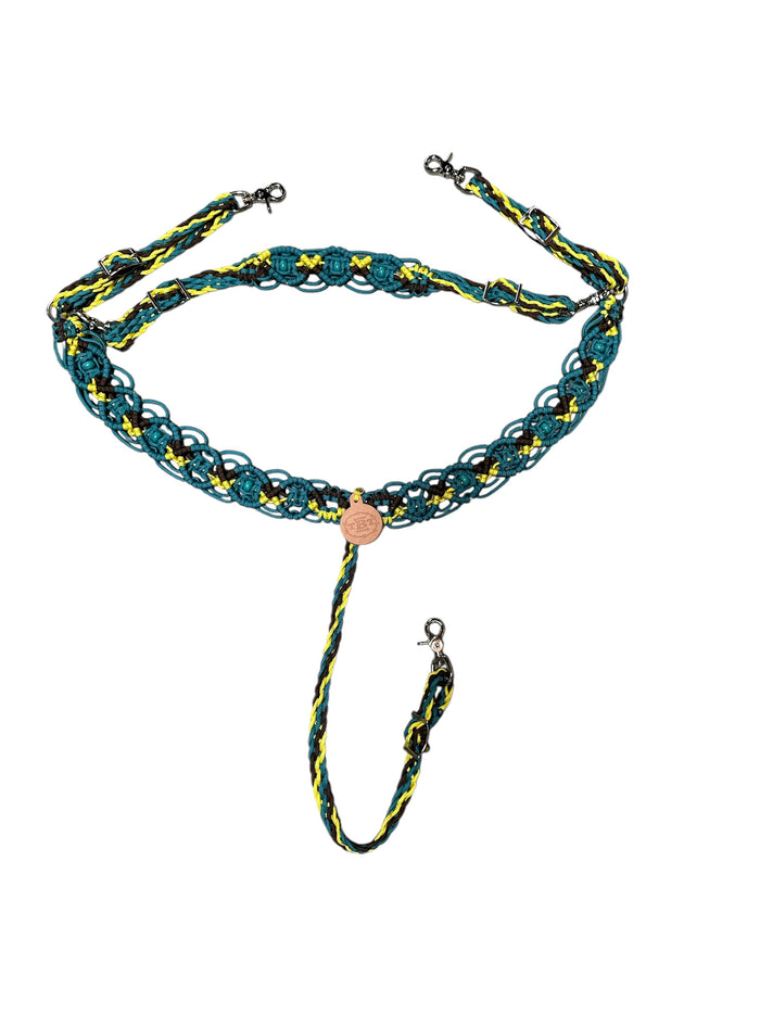 Gemstone fancy macrame  breast collar trap yellow and brown with turquoise howlite and a matching wither strap