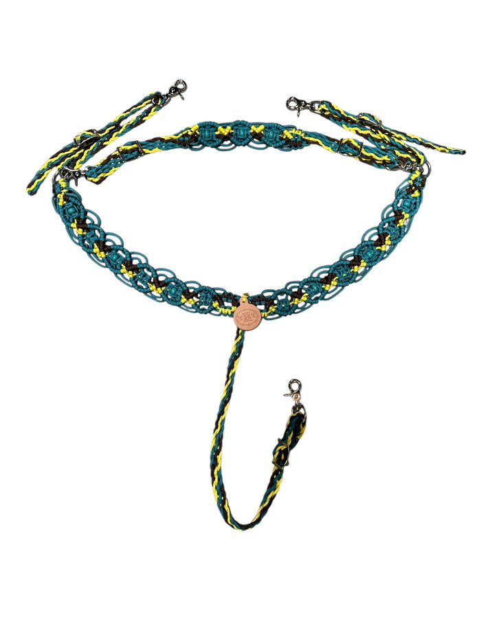 Gemstone fancy macrame  breast collar trap yellow and brown with turquoise howlite and a matching wither strap