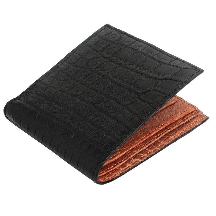 An angled view of the two-tone men's crocodile wallet, showing the contrast between the black exterior and brown interior.