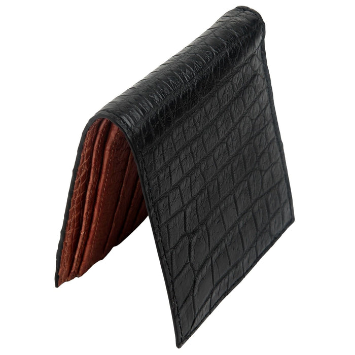 The handmade crocodile bifold wallet shown partially folded to display its supple leather and artisan quality.