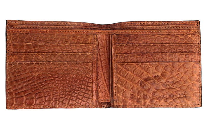 The open brown interior of the crocodile leather wallet, showing the ten card slots and genuine skin stamp.