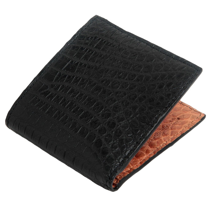 A view of the closed exotic leather wallet for men, highlighting the unique texture of the crocodile skin.