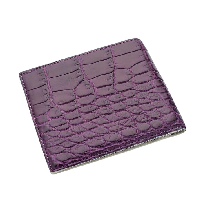 Full-front view of the violet wallet highlighting the genuine crocodile belly-scale pattern and even dyed finish.