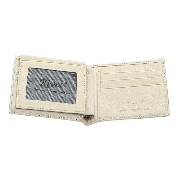 Interior of the bifold laid fully open, showing an ID window, multiple card slots, and twin bill compartments.