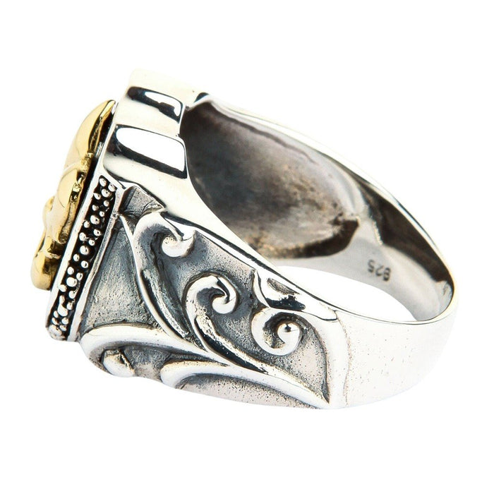 Inner band view showing 925 sterling silver hallmark stamp with oxidized baroque scroll detailing on the shank