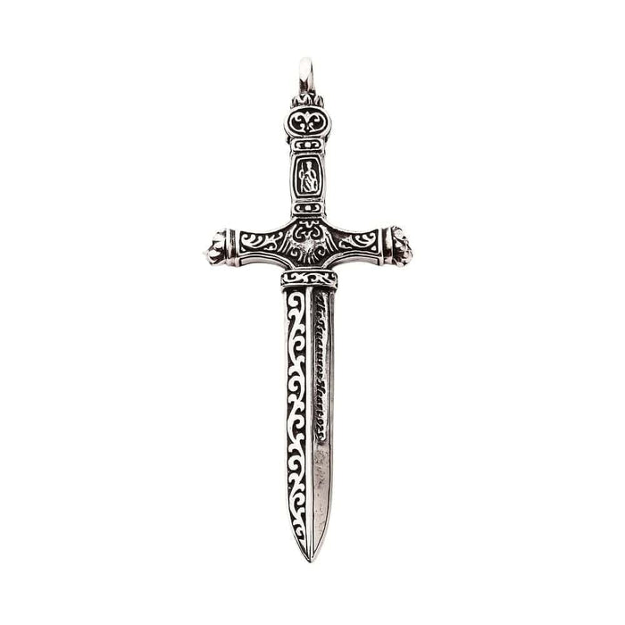 A large gothic dagger pendant, handcrafted from 925 sterling silver with intricate medieval carvings.