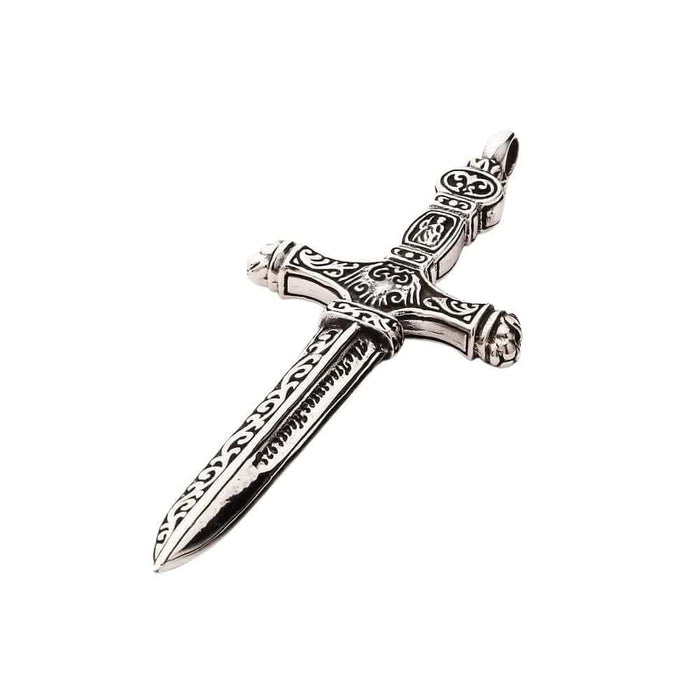 The heavy 17-gram gothic sword pendant in solid silver, showing the oxidized floral details.