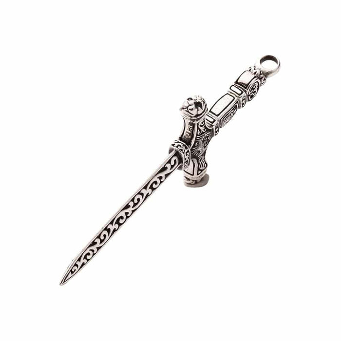 Side profile of the silver dagger pendant, highlighting the large bail and polished blade.