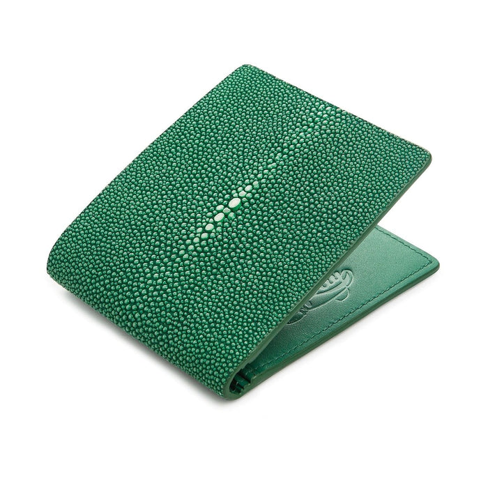An angled view of the men's exotic green stingray leather wallet.