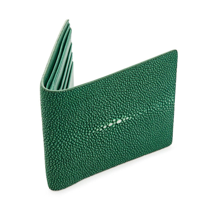 A partially open green stingray bifold wallet, showing the contrast between the exterior and interior.
