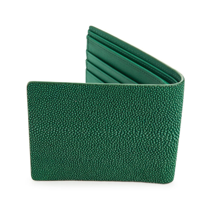 Bumpy polished shagreen on the outside, the smooth lined card slots just visible at the opening.
