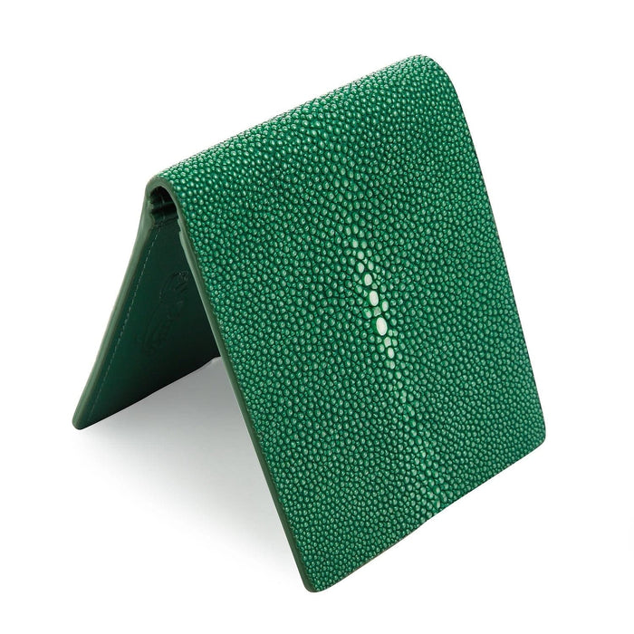 An alternative view of the luxury green shagreen (stingray) wallet.