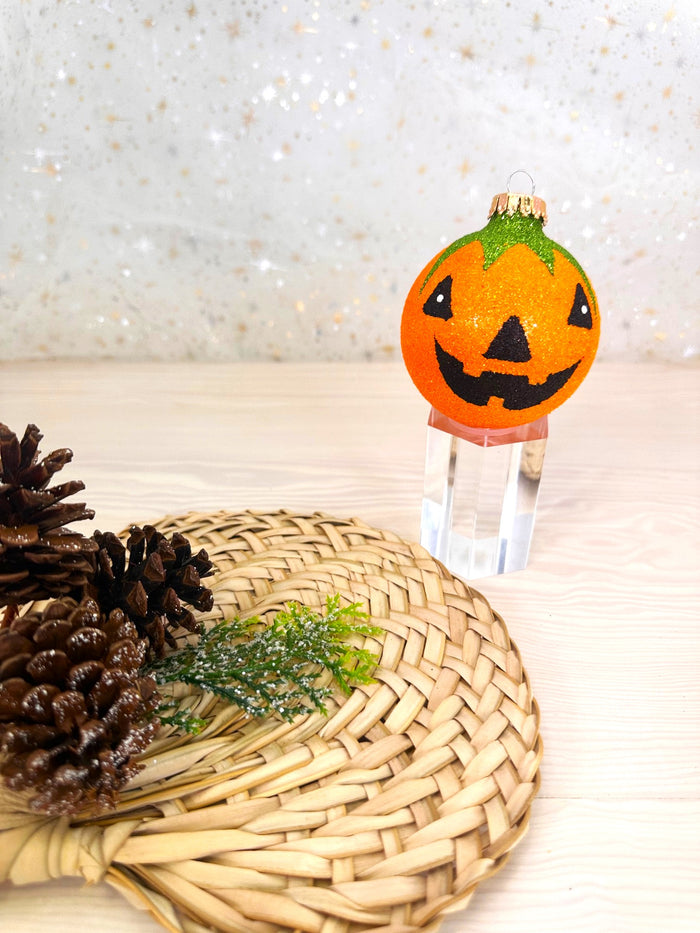 Halloween Tree Ornaments - 67mm/2.625" Decorated Glass Balls from Christmas by Krebs - Handmade Seamless Hanging Holiday Decorations for Trees - Set of 4 (Orange Glitter Jack-O-Lantern)