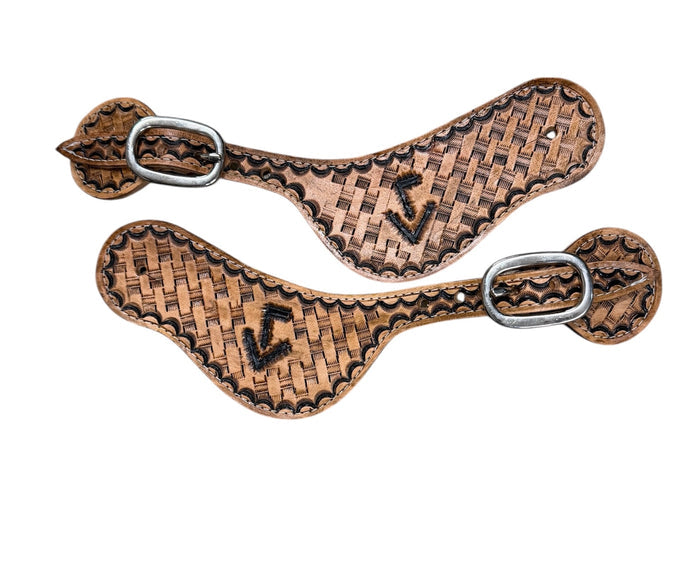 Hand tooled and painted Custom Brand spur straps basketweave.