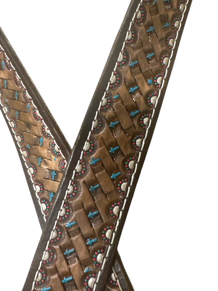 Hand tooled leather belt basket weave with cross