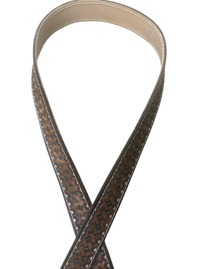 Hand tooled leather belt basket weave with cross