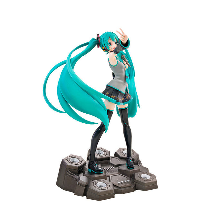 Figurine of a character with teal hair and a gray outfit on a white background, branded 'Abystyle Studio'.