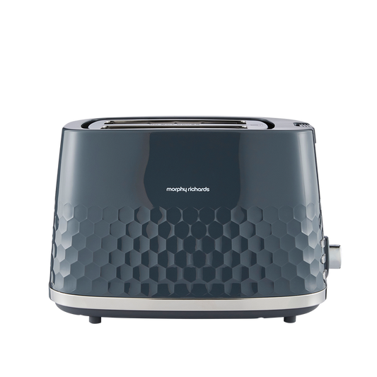 Grey toaster with honeycomb pattern on a white background