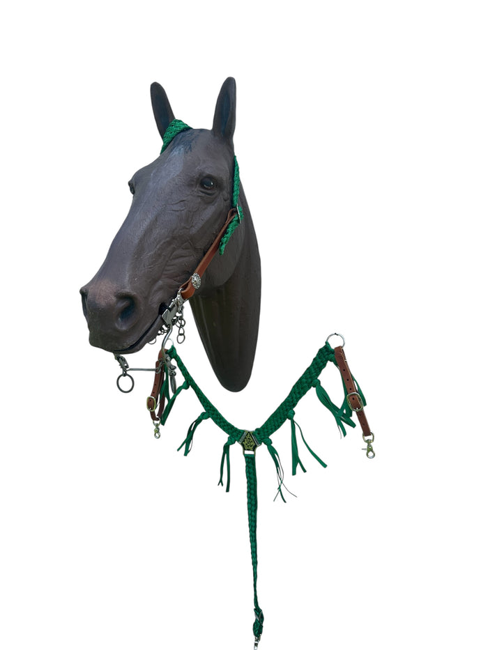 horse breast collar  and one ear headstall in leather and mule tape green