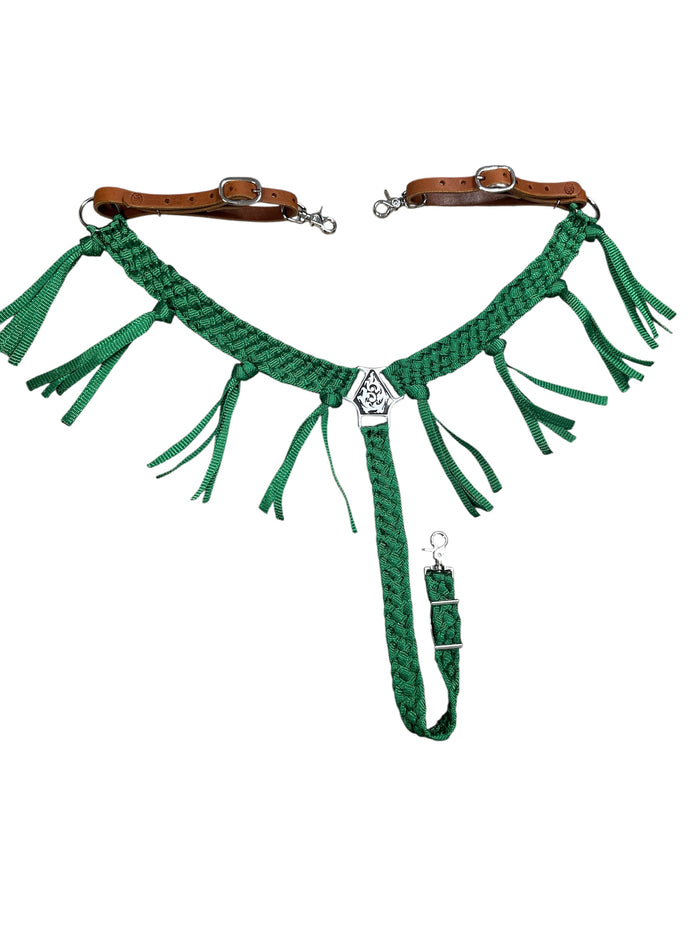 horse breast collar  and one ear headstall in leather and mule tape green