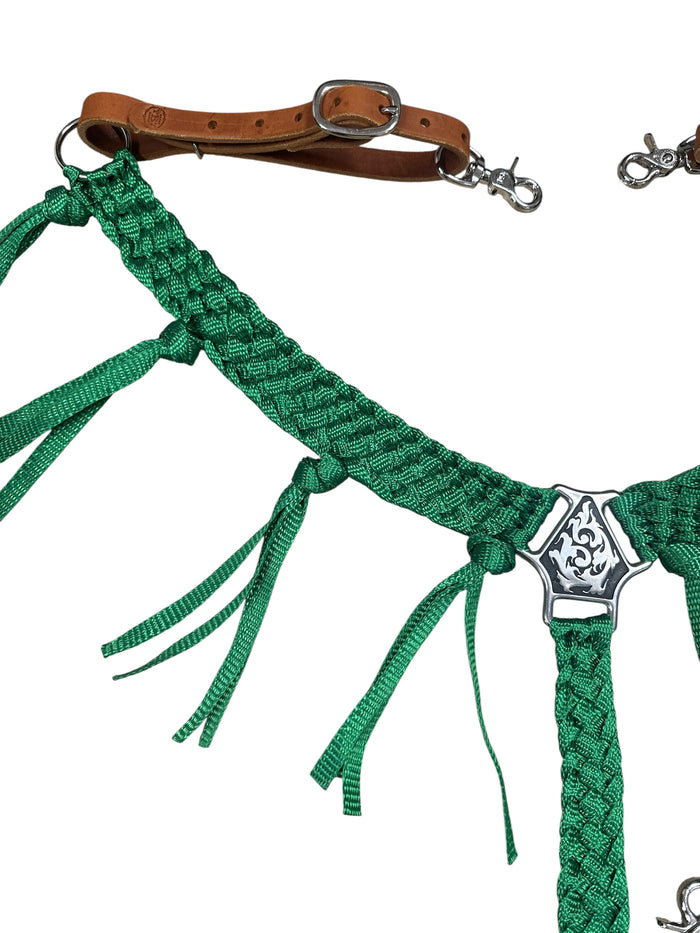 horse breast collar  and one ear headstall in leather and mule tape green