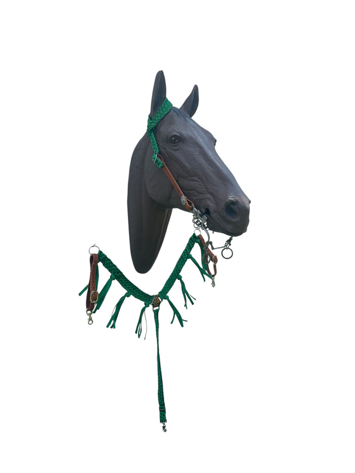 horse breast collar  and one ear headstall in leather and mule tape green
