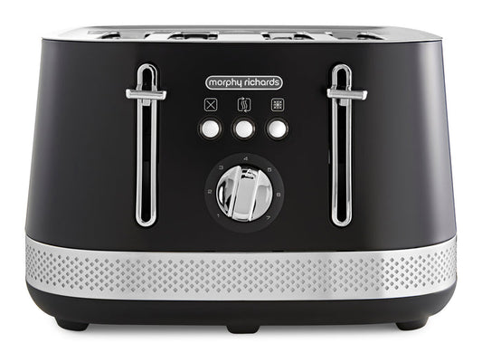 Black Morphy Richards toaster with silver accents on a white background