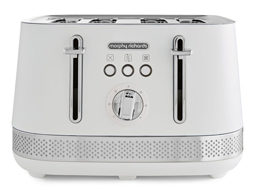 White toaster with metallic accents on a white background