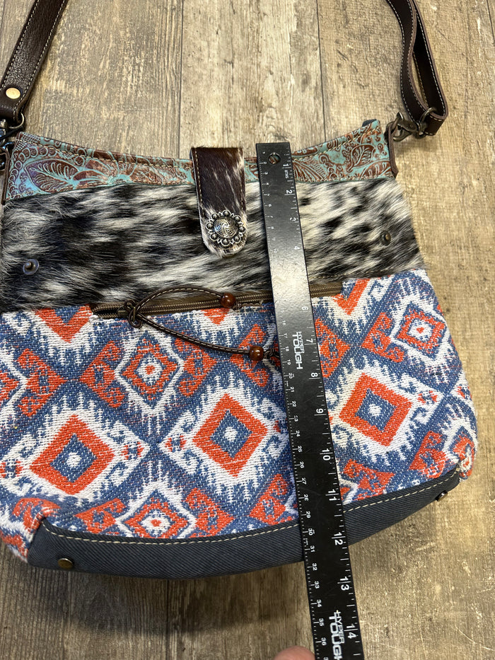 Cowhide, Tapestry and leather shoulder bag with leather strap