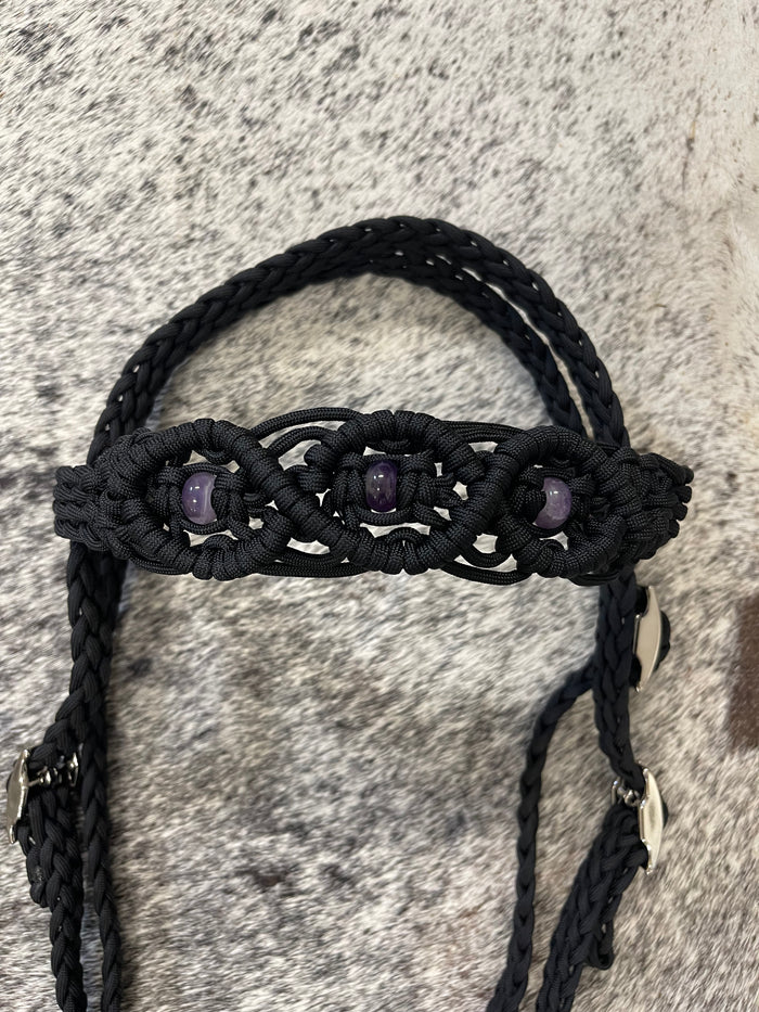 Black Beaded amethyst Browband Headstall with a fancy braided browband with matching reins....all sizes. - Tiffanys Braided Tack LLC