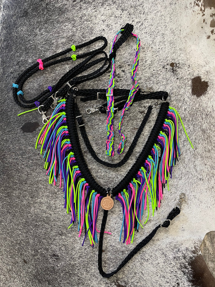 Fringe Breast Collar horse tack set  Neon and Black - Tiffanys Braided Tack LLC
