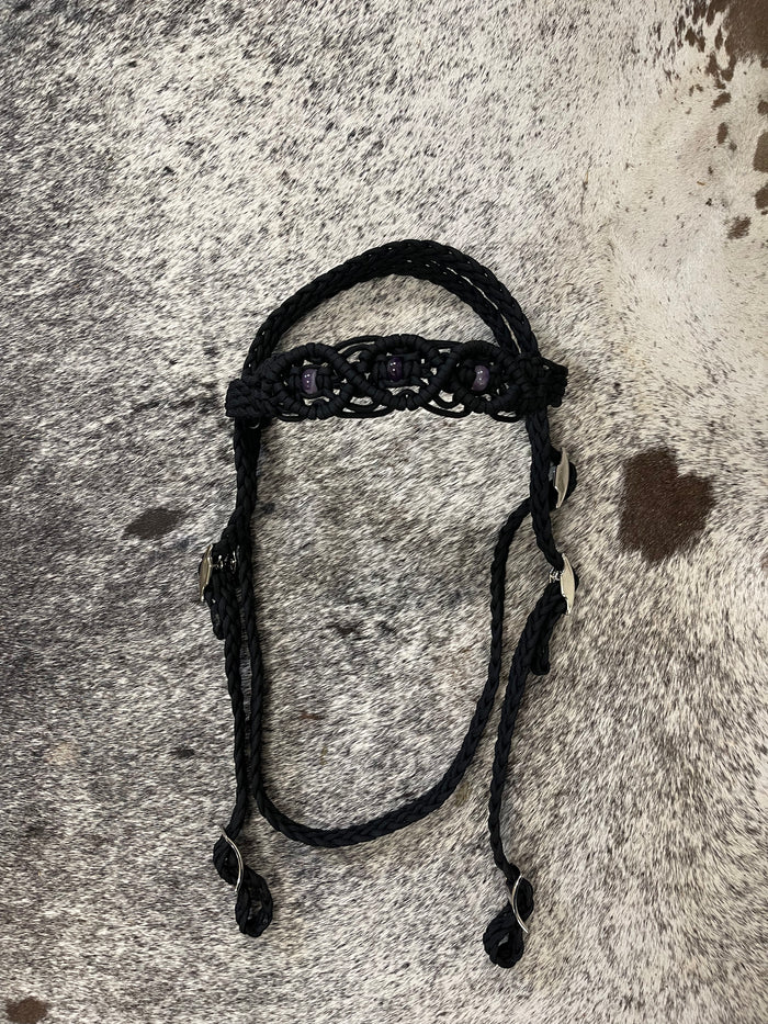 Beaded amethyst Browband Headstall with a fancy braided browband all sizes - Tiffanys Braided Tack LLC
