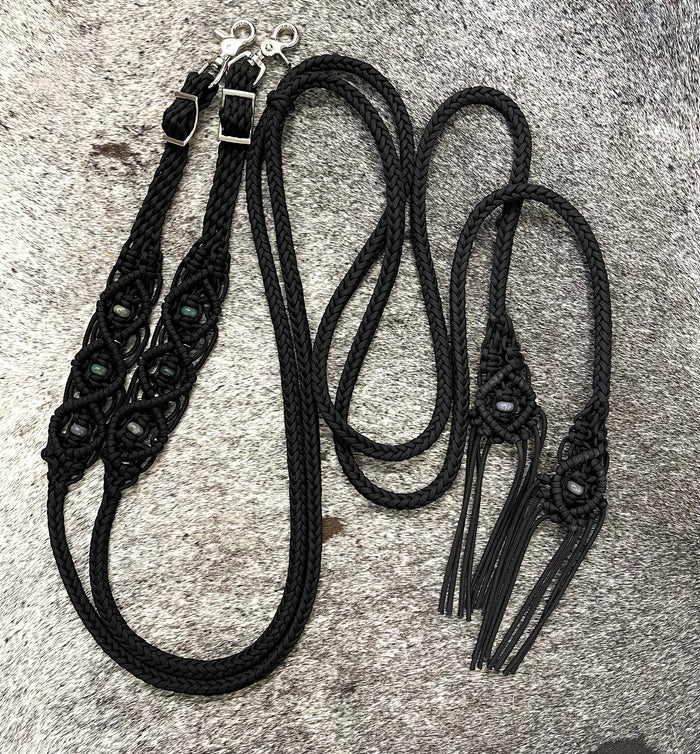 Fancy braided split reins in black with genuine Indian agate gemstones...beautiful yet practical - Tiffanys Braided Tack LLC